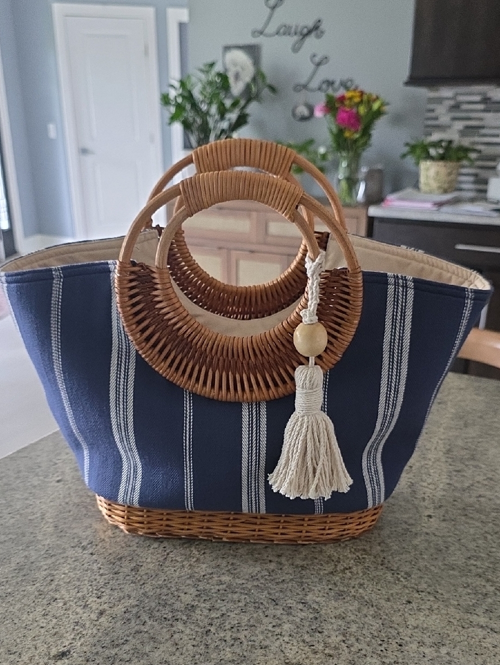 Straw Studios Navy/cream Striped Wicker Handbag